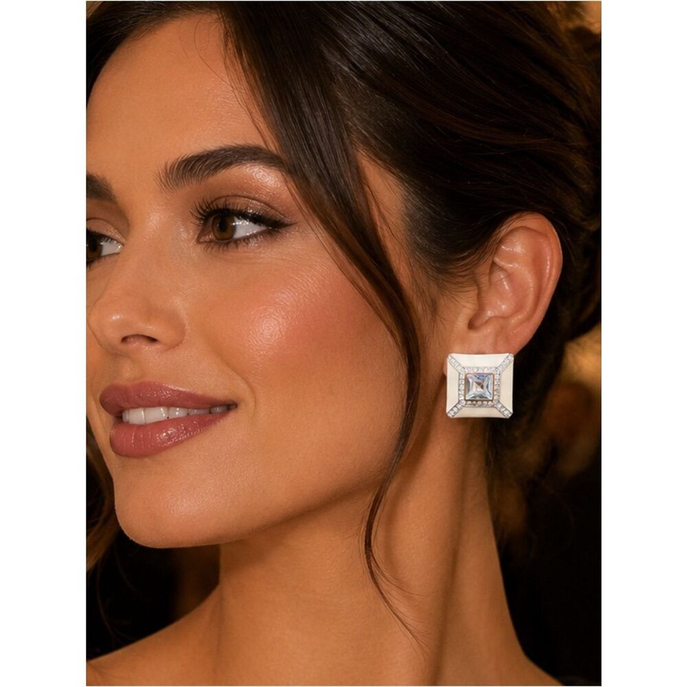 St. John Knits Clip-On Earrings White Enamel & Crystals Squares New Quiet Luxury